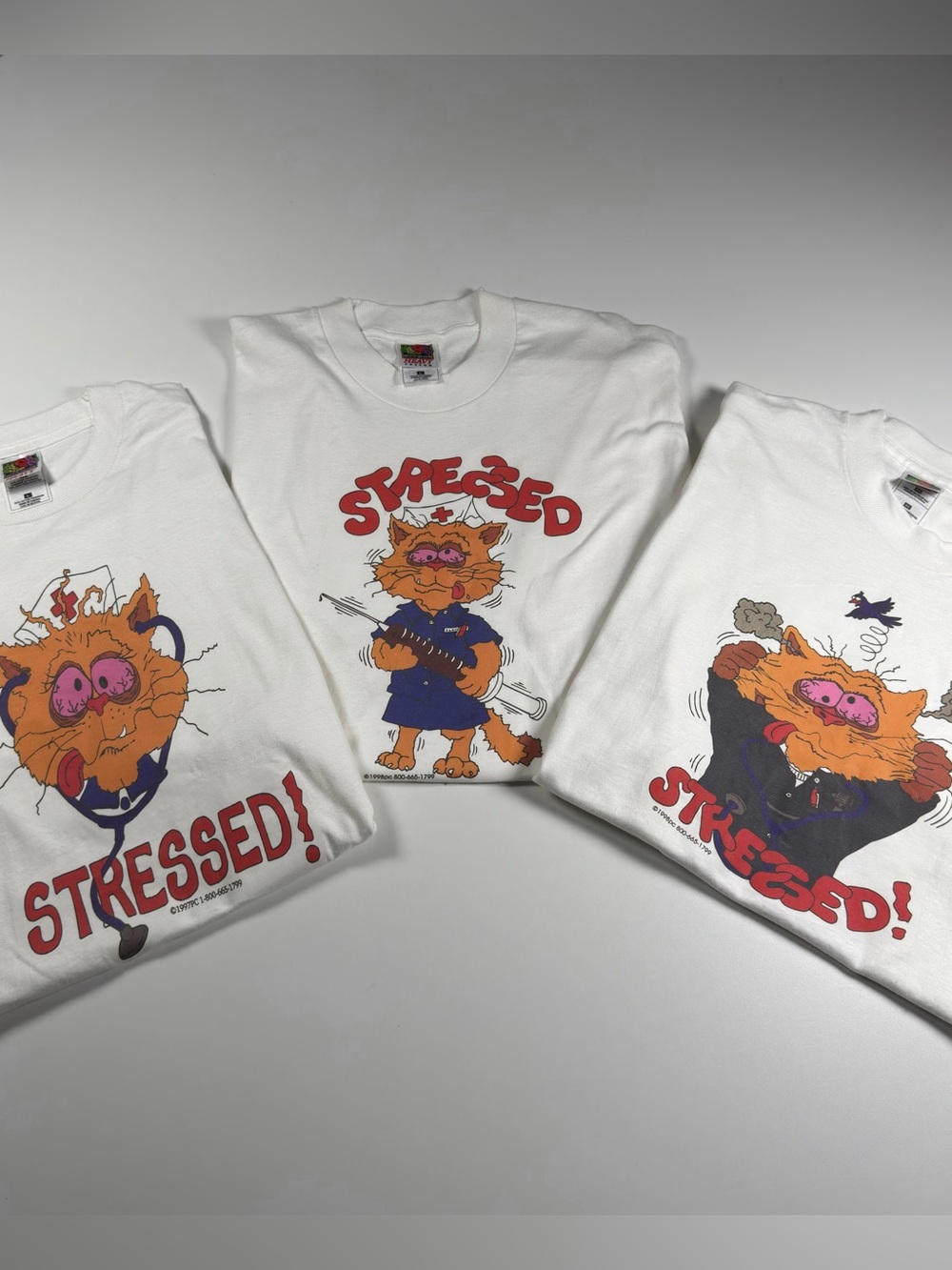 Vintage 90s Medical Humor Cat T-Shirt Trilogy Lot -
From Left To Right (L/L/XL)